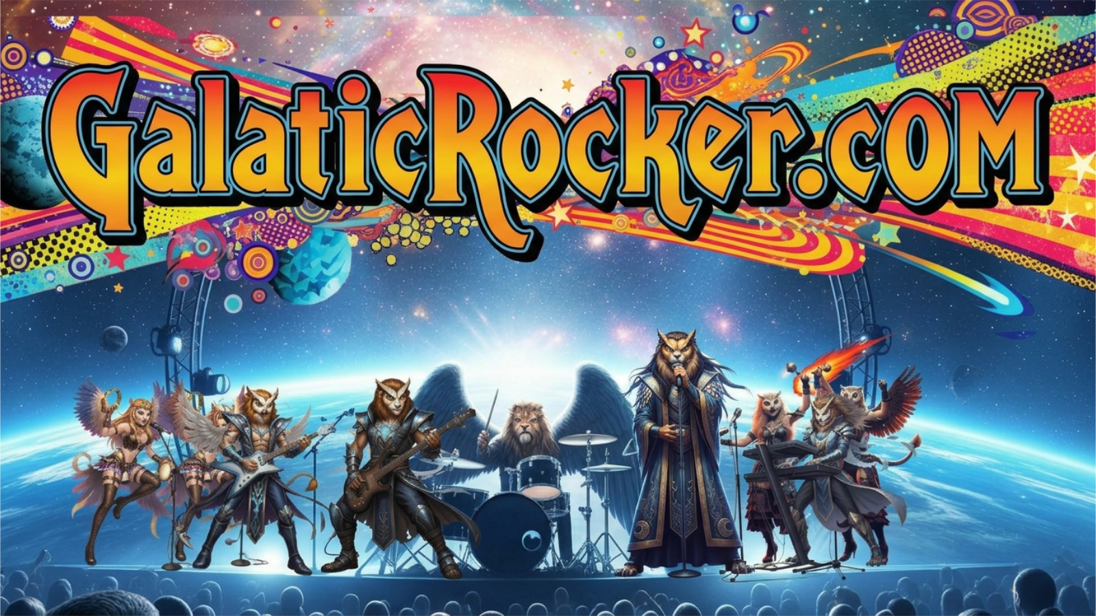 GalacticRocker.com cosmic hero banner featuring a cosmic rock band on stage over Earth with vibrant space art